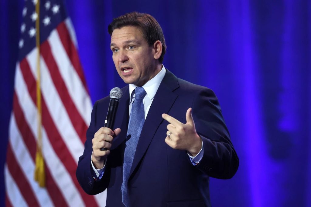 Ron DeSantis, governor of Florida, speaking to an unpictured crowd
